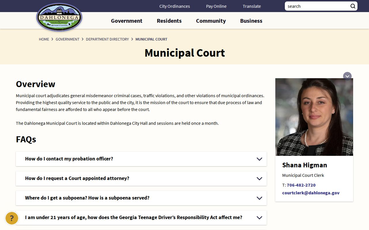 Dahlonega warrant records Municipal Court contact and process page